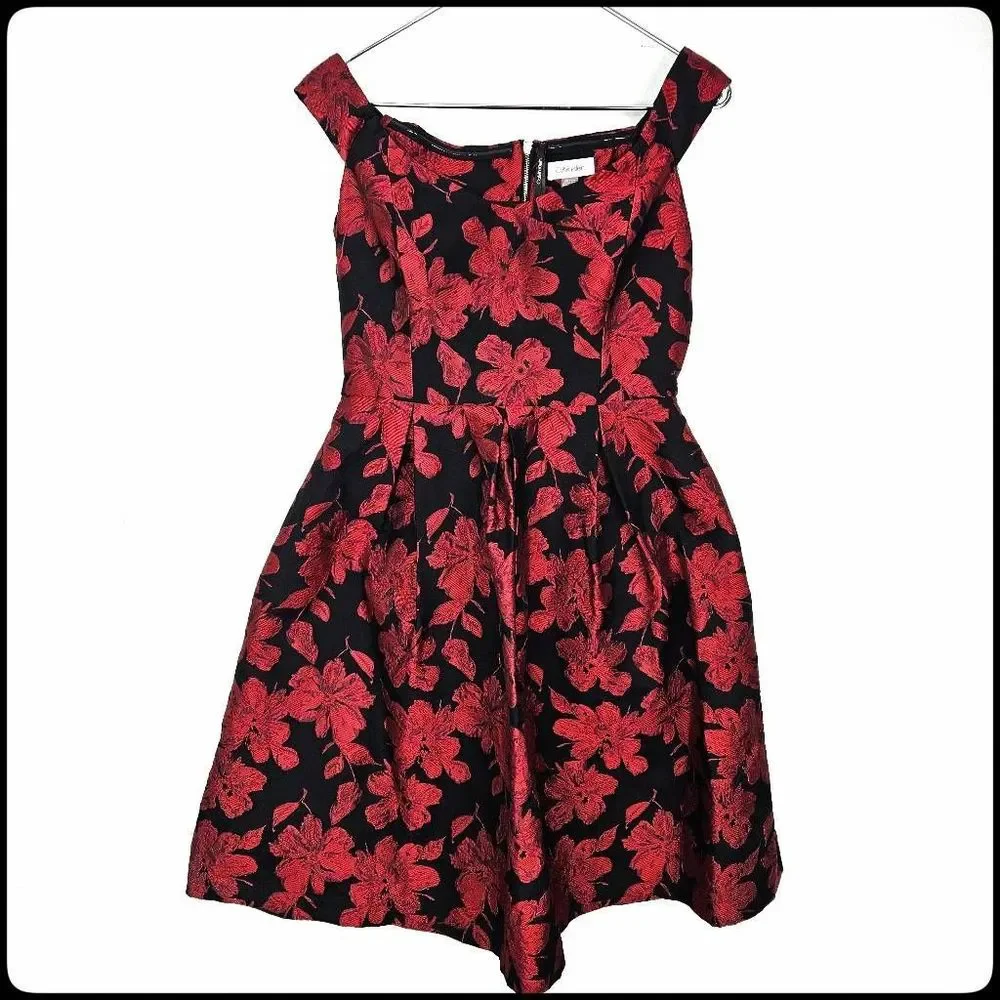 NWT CALVIN KLEIN Off The Shoulder Red & Black Brocade Fit & Flare Dress Size 10P - Picture 2 of 9